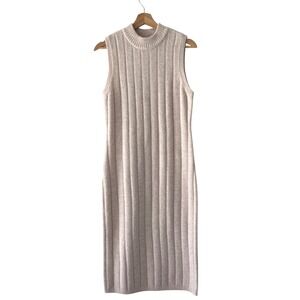 House of Harlow 1960 Ribbed Knit Sweater Dress Mock Neck Sleeveless Beige M